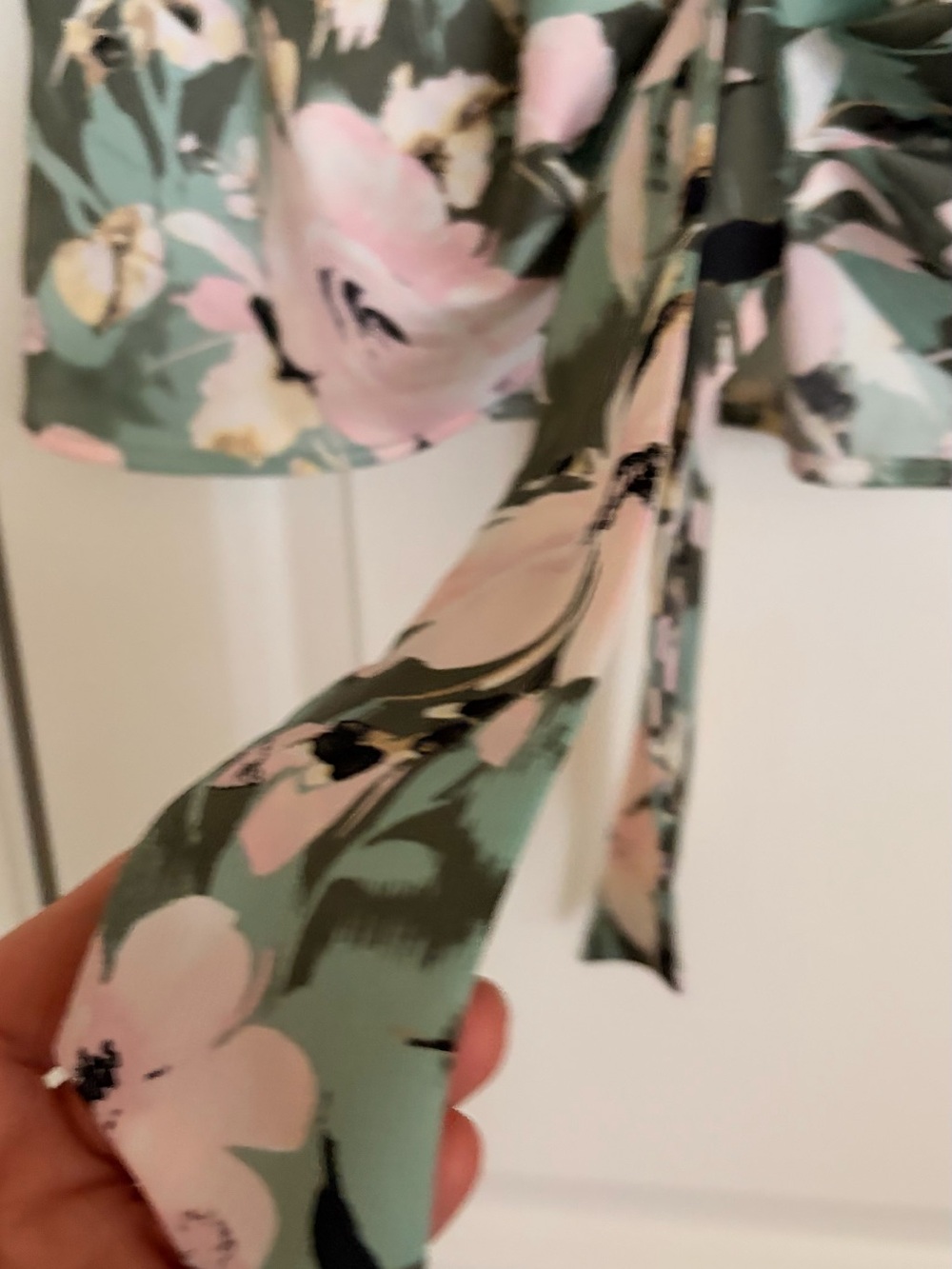 Anne Klein Sage Green & Pink Floral Tie-Front Satin Button Shirt - Picture 4 of 4
